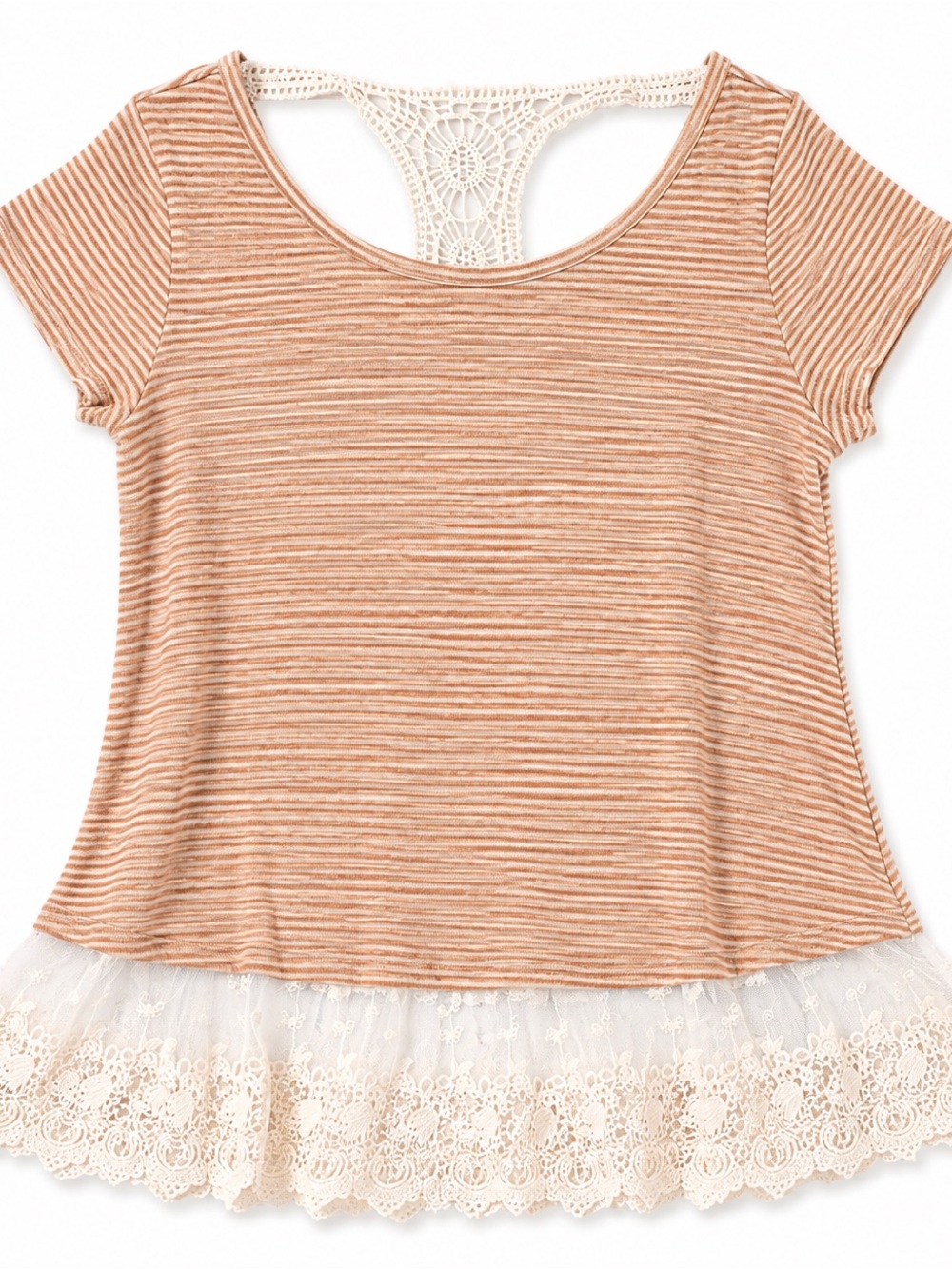 Striped Lace-Hem Women's Top with Crochet Back